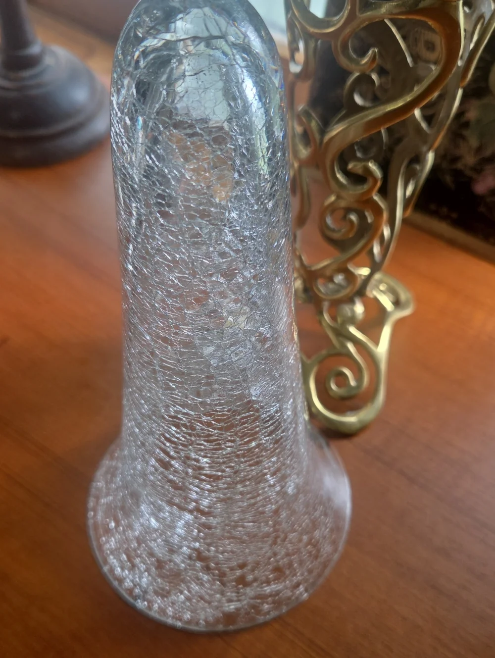 Vintsged 80s ,90s Decorative Crackle Glass Vase with Gold Metal Filigree